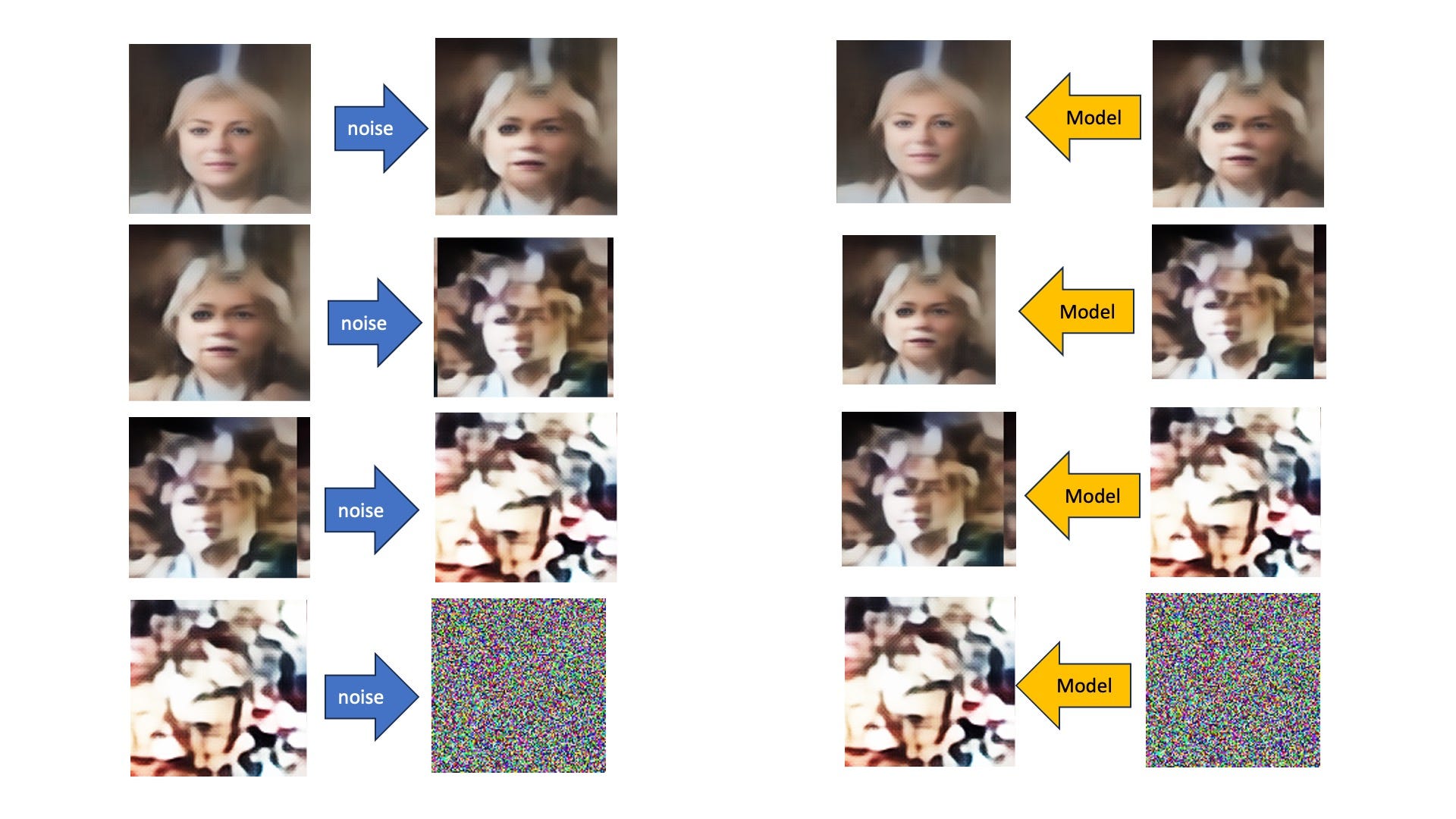 During training, we add noise to clear images (left) - this is called Forward Diffusion. The neural network is trained to reverse this noise addition process - a process known as Reverse Diffusion. Images generated using a neural network. [Image by Author]