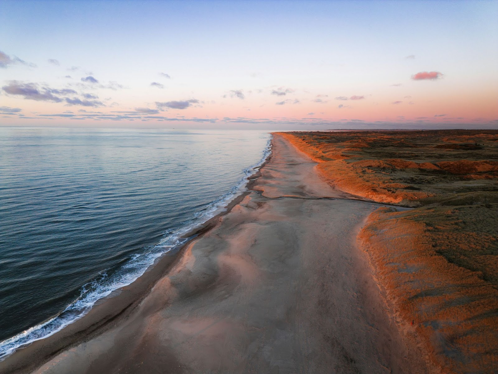 An arial view of a beach and water