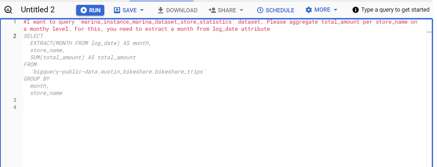 Example of the code completion by using DuetAI in BigQuery [Image by author]