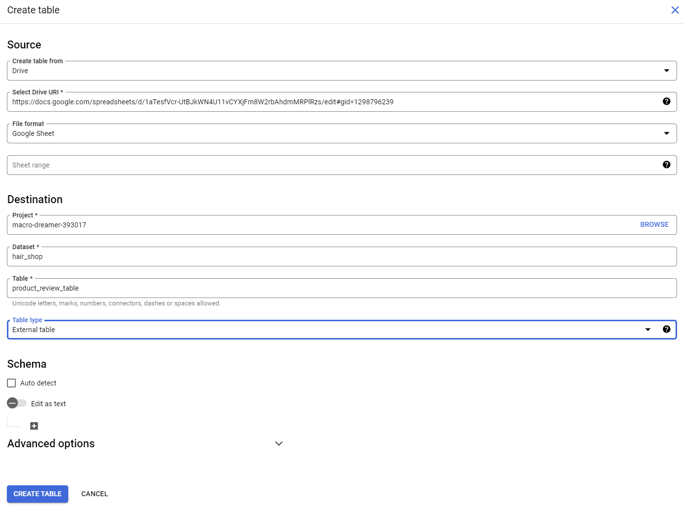 Creating a BQ dataset and table on top of the mockup dataset in Google Sheets [Image by author]