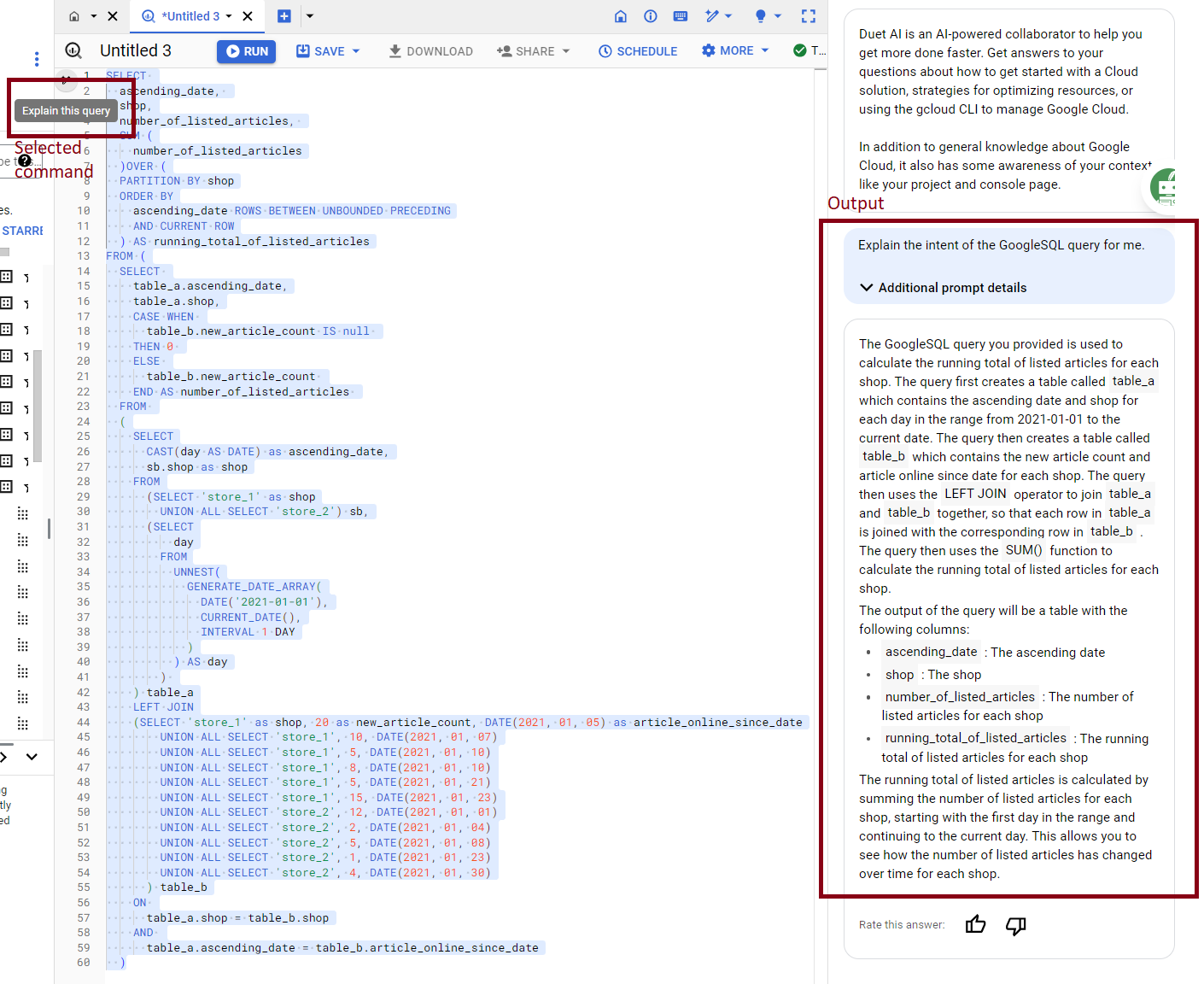 Example of the code completion by using DuetAI in BigQuery [Image by author]