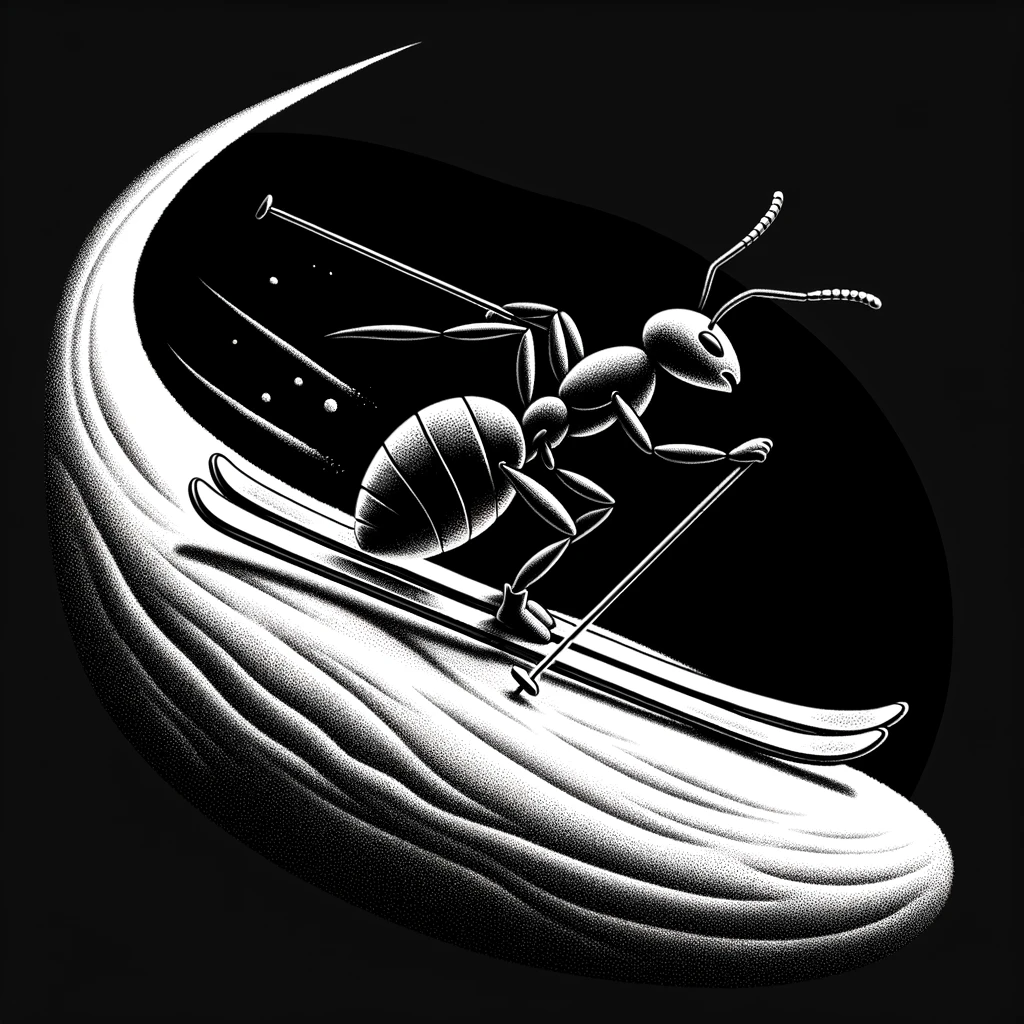 A skiing ant. Image created with Dall·E by the author.