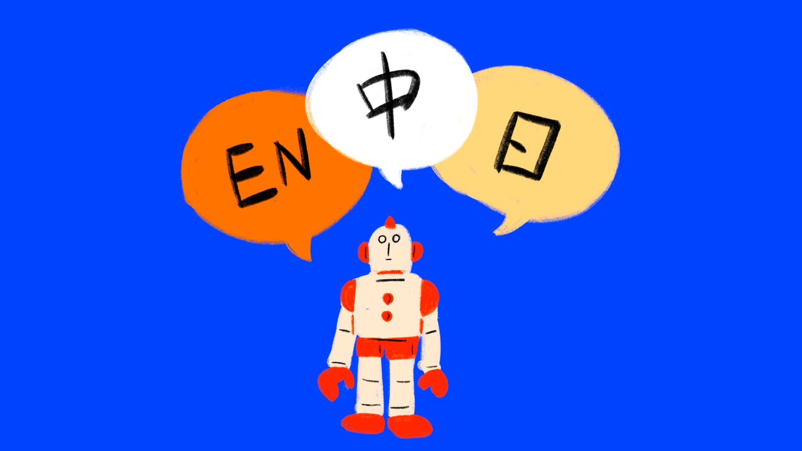A colorful, hand-drawn, cartoon-style illustration set against a vibrant blue background. In the center stands a cute, vintage-style robot with a white body and red accents (shoulders, hands, waist, and feet). Above the robot's head are three speech bubbles. The left bubble is orange and contains the text "EN" in bold black letters, representing English. The center bubble is white with the Chinese character "中" (for Chinese), and the right bubble is yellow with the Japanese character "日" (for Japanese). The robot appears to be choosing or processing languages, symbolizing multilingual communication or translation.