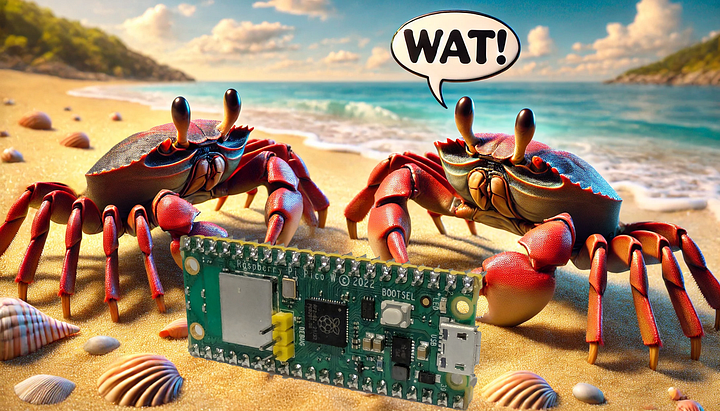 AI-generated image of crabs on a beach looking at a circuit board